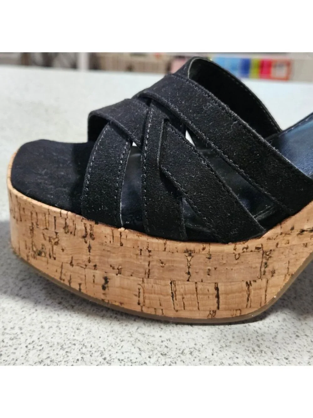 A.N.A Y2k black velvet cork ankle strap buckle cork block platform heels 6